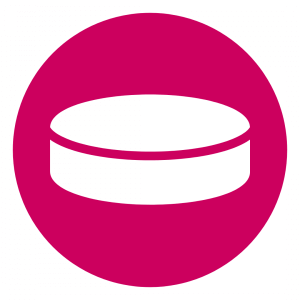 white puck shape on a burgundy circle
