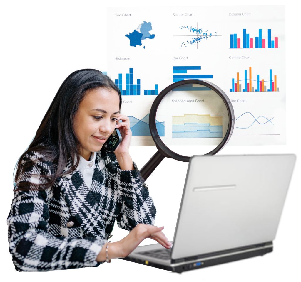 A woman using a laptop to research business costs
